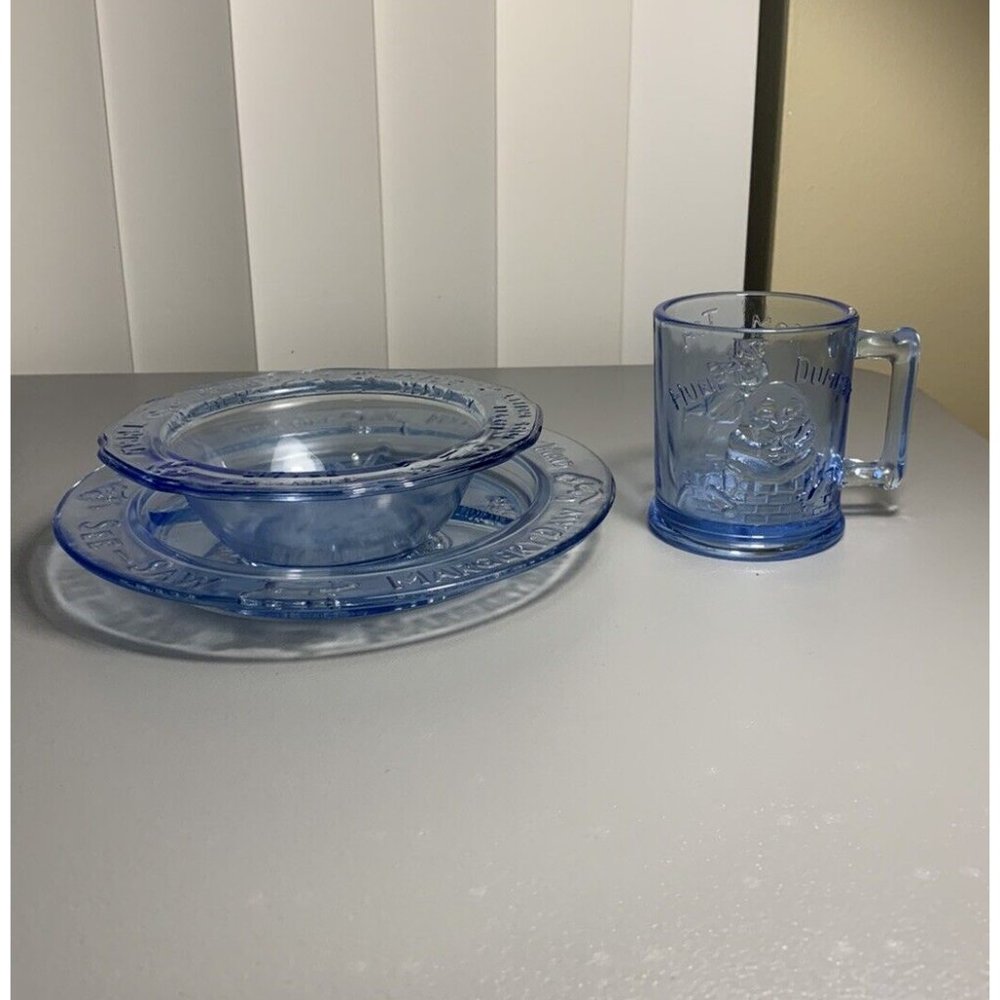Set of Tiara by R.S. Glass Nursery Rhymes Blue Child Plate Bowl Cup Mug Dishes